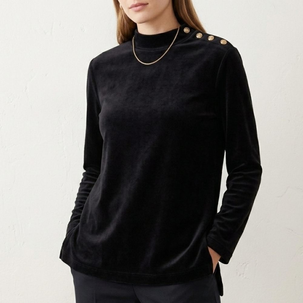 NWT Sz M Eaton Black Velour Women's Long Sleeve with Gold Button Accents